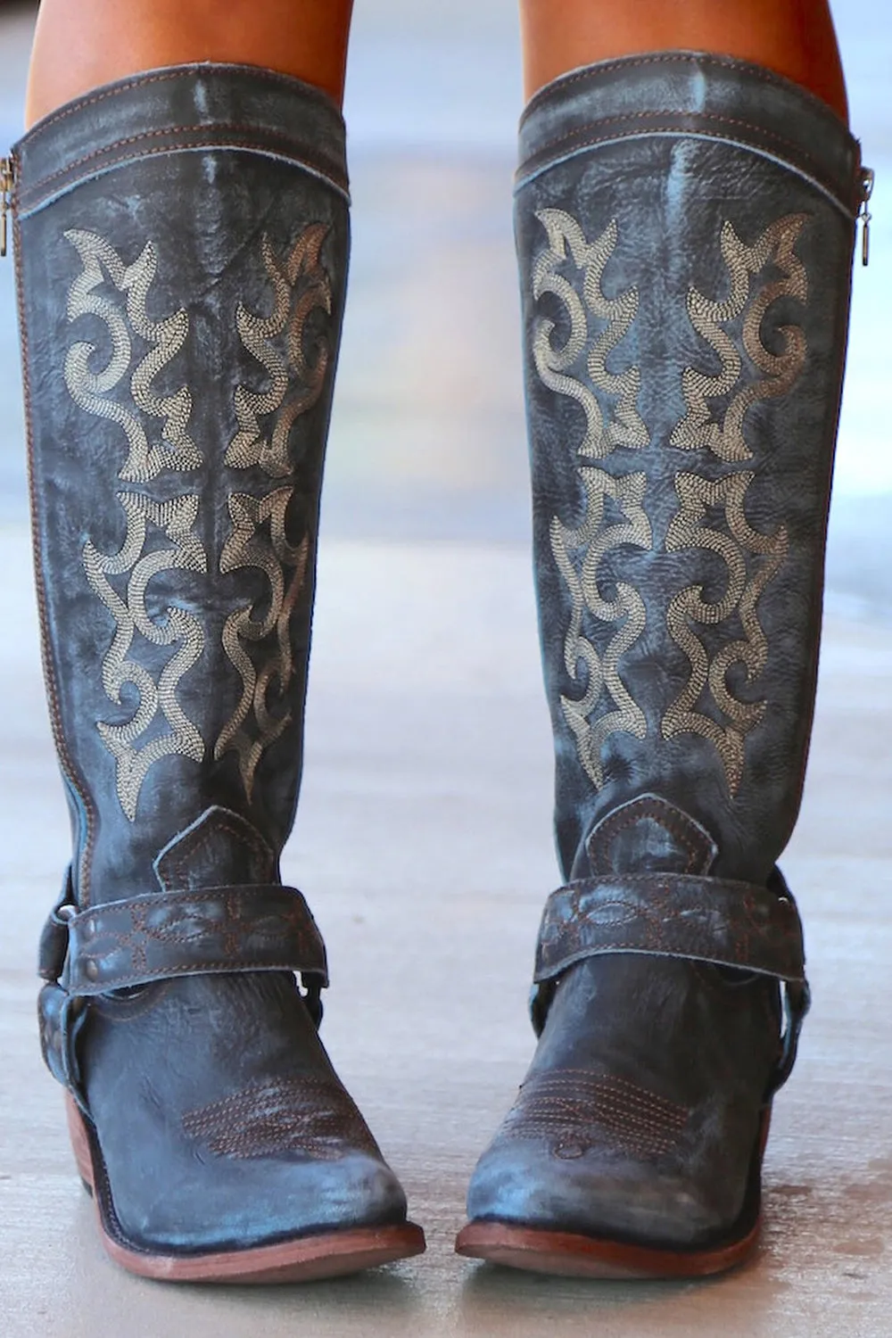 Blue Embroidered Cowgirl Boho Mid Calf Boots