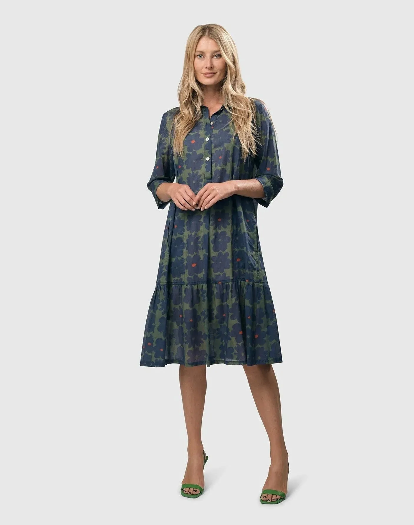 Bluebell Cotton Voile Trapeze Dress, Blue/green