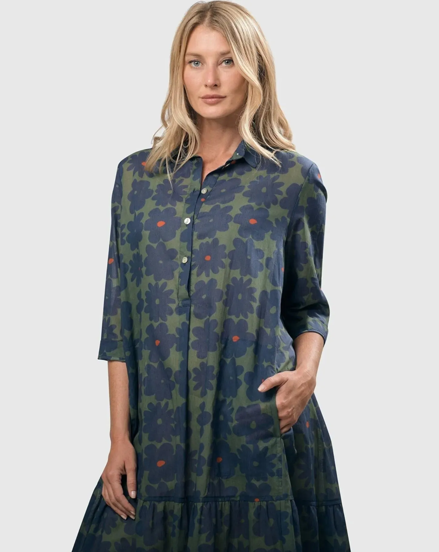 Bluebell Cotton Voile Trapeze Dress, Blue/green