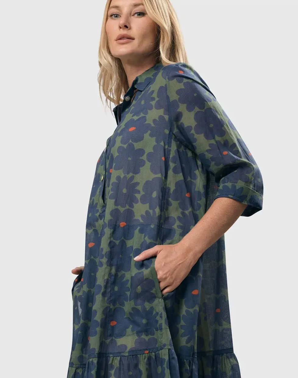 Bluebell Cotton Voile Trapeze Dress, Blue/green