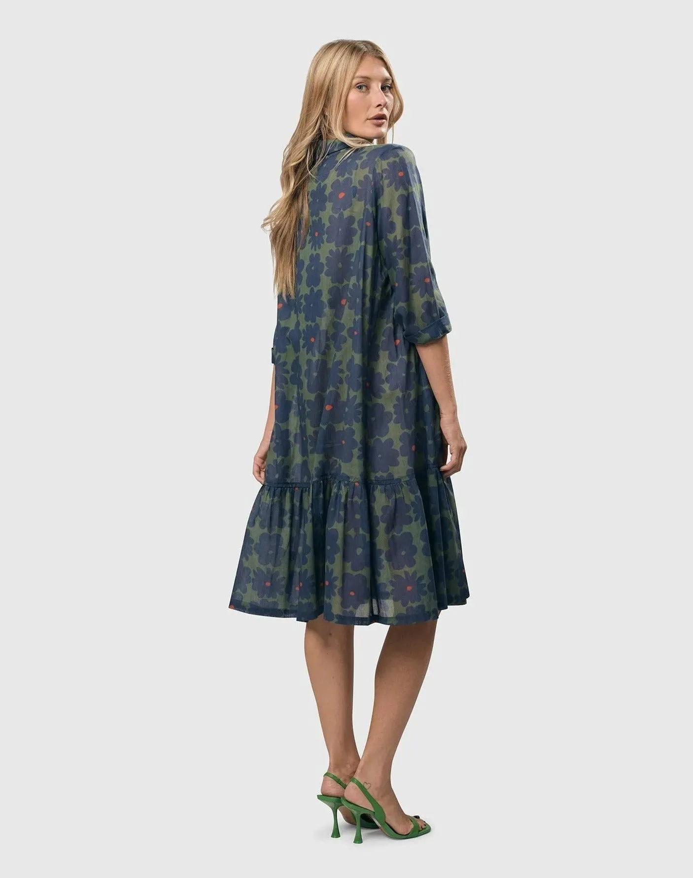 Bluebell Cotton Voile Trapeze Dress, Blue/green