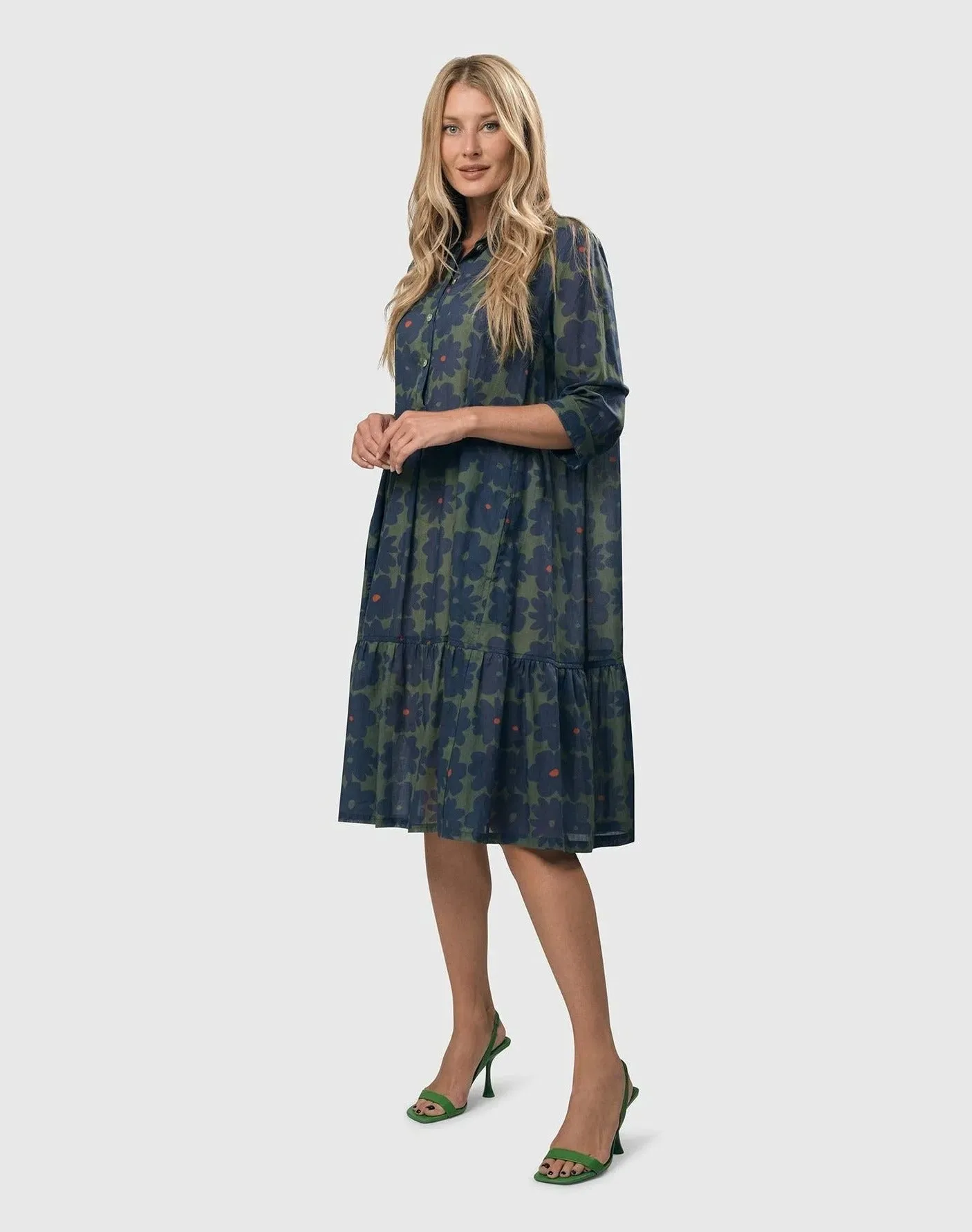 Bluebell Cotton Voile Trapeze Dress, Blue/green