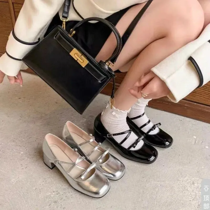 Hnzxzm silver heels Mary Jane Shoes Women's Shoes Women Thick Heels Buckle Lolita Shoes School Uniform Student Girls Leather Shoe