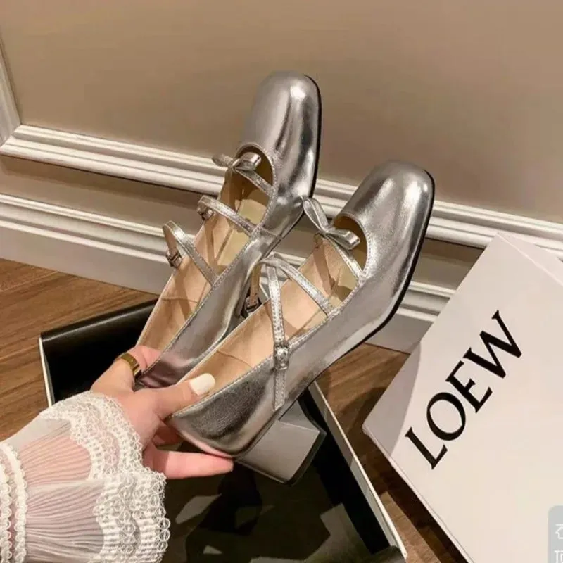 Hnzxzm silver heels Mary Jane Shoes Women's Shoes Women Thick Heels Buckle Lolita Shoes School Uniform Student Girls Leather Shoe