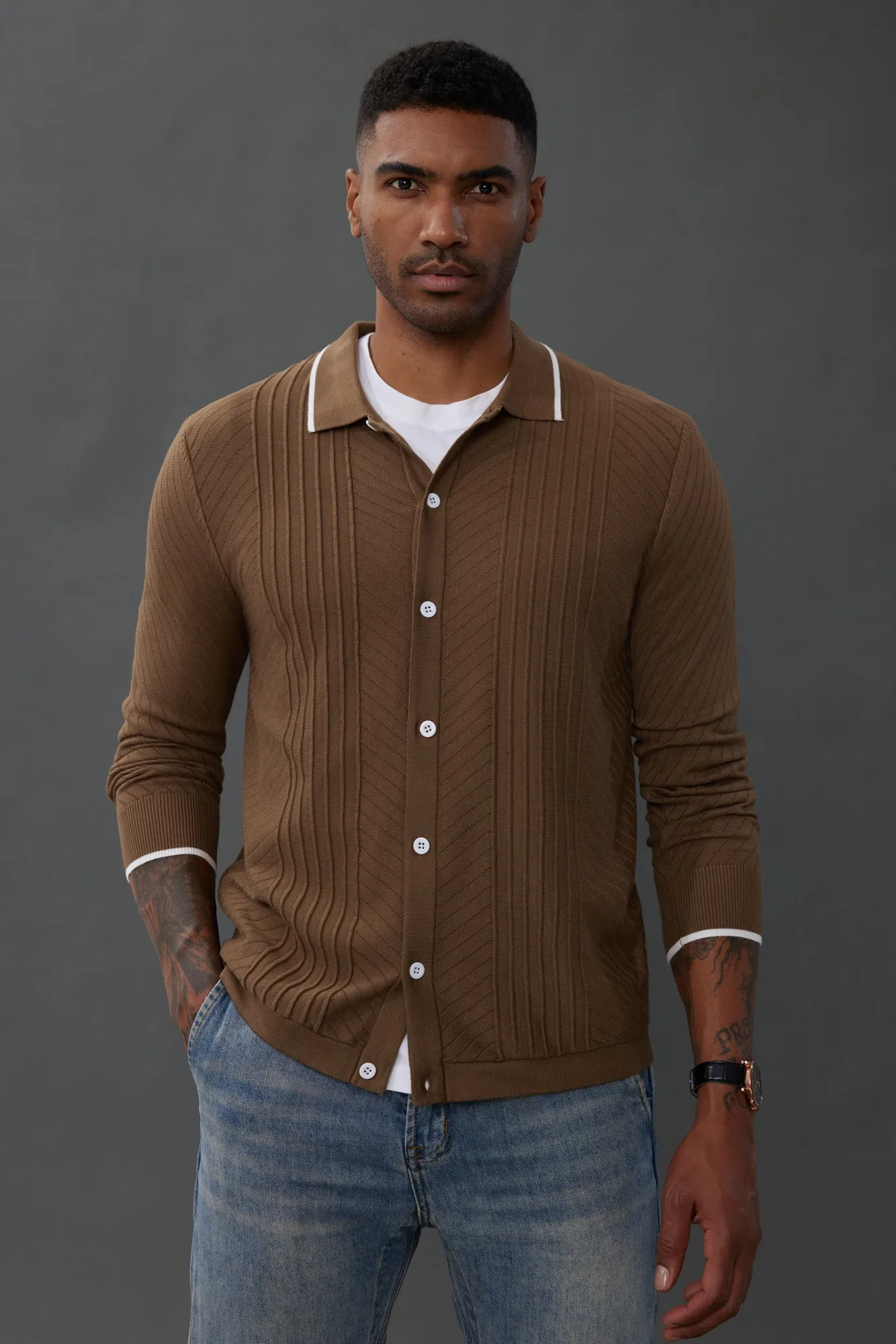 Mens Button Down Long Sleeve Cardigan Sweaters Cable Knit Polo Collar Knitwear Shirt