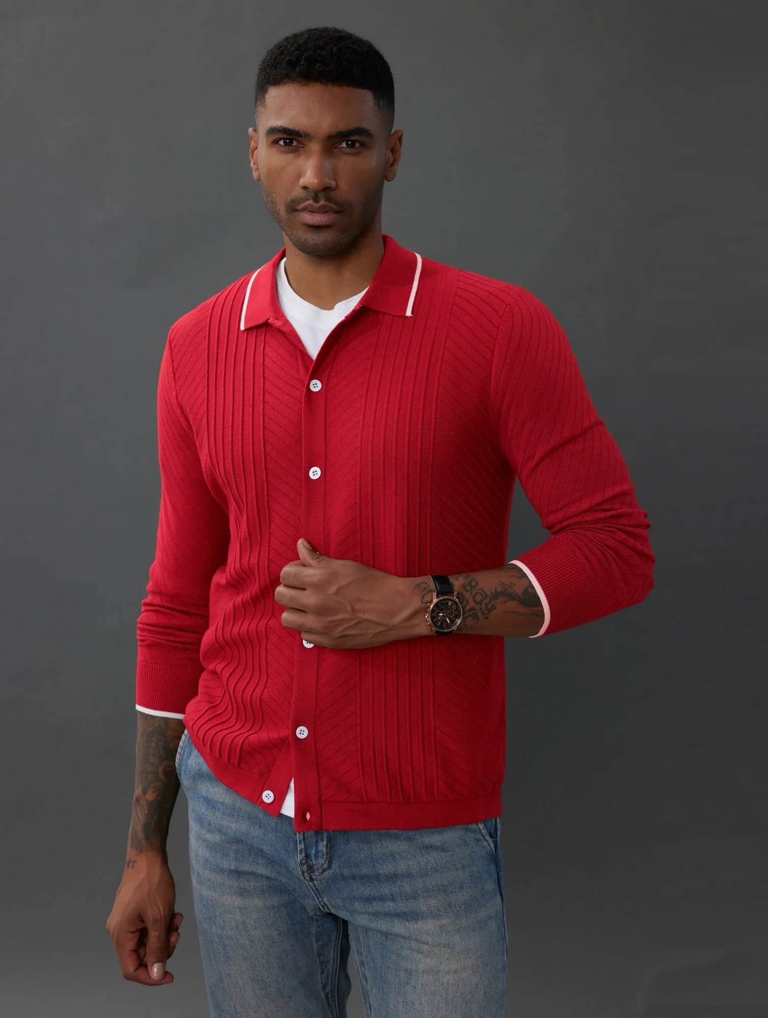 Mens Button Down Long Sleeve Cardigan Sweaters Cable Knit Polo Collar Knitwear Shirt