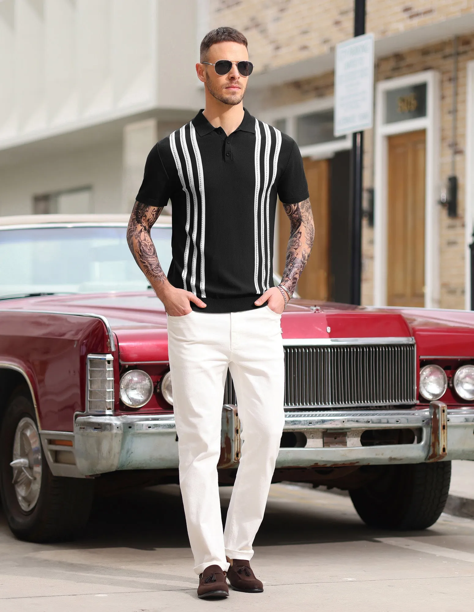 Men's Vintage Stripe Knitted Polo Pullover Shirts Short Sleeve Golf Knit Mens Polo Shirt