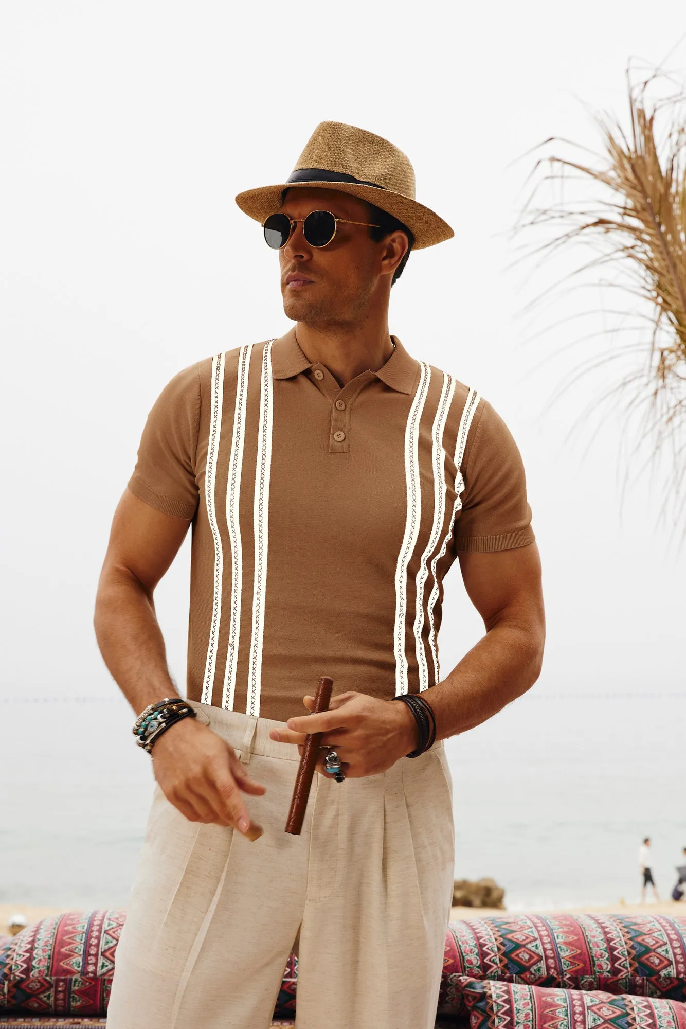 Men's Vintage Stripe Knitted Polo Pullover Shirts Short Sleeve Golf Knit Mens Polo Shirt