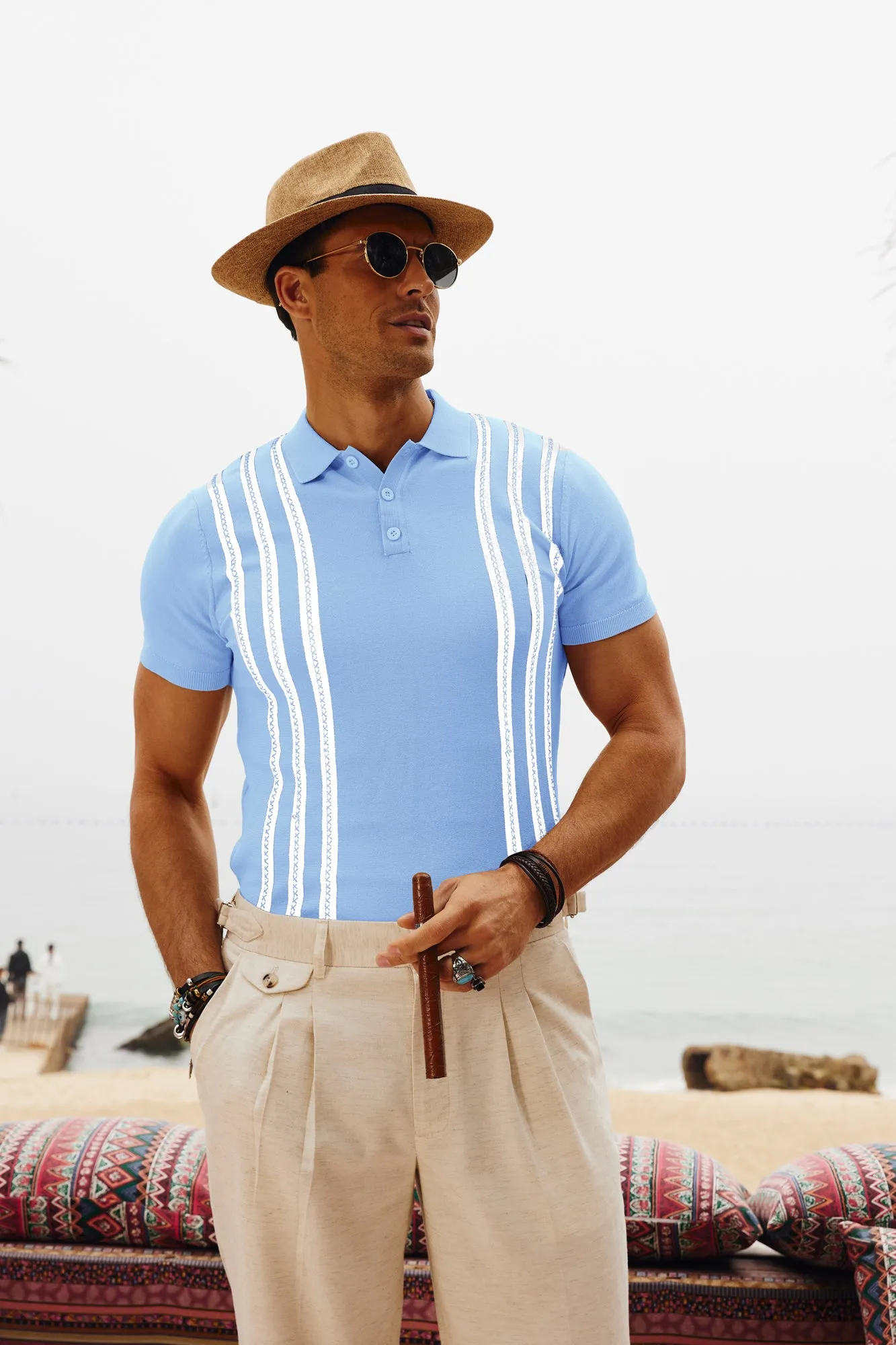 Men's Vintage Stripe Knitted Polo Pullover Shirts Short Sleeve Golf Knit Mens Polo Shirt