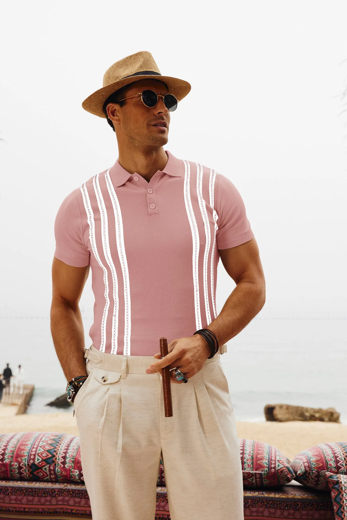 Men's Vintage Stripe Knitted Polo Pullover Shirts Short Sleeve Golf Knit Mens Polo Shirt