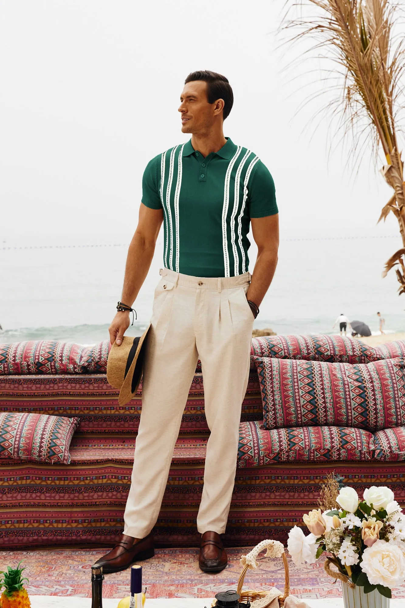 Men's Vintage Stripe Knitted Polo Pullover Shirts Short Sleeve Golf Knit Mens Polo Shirt
