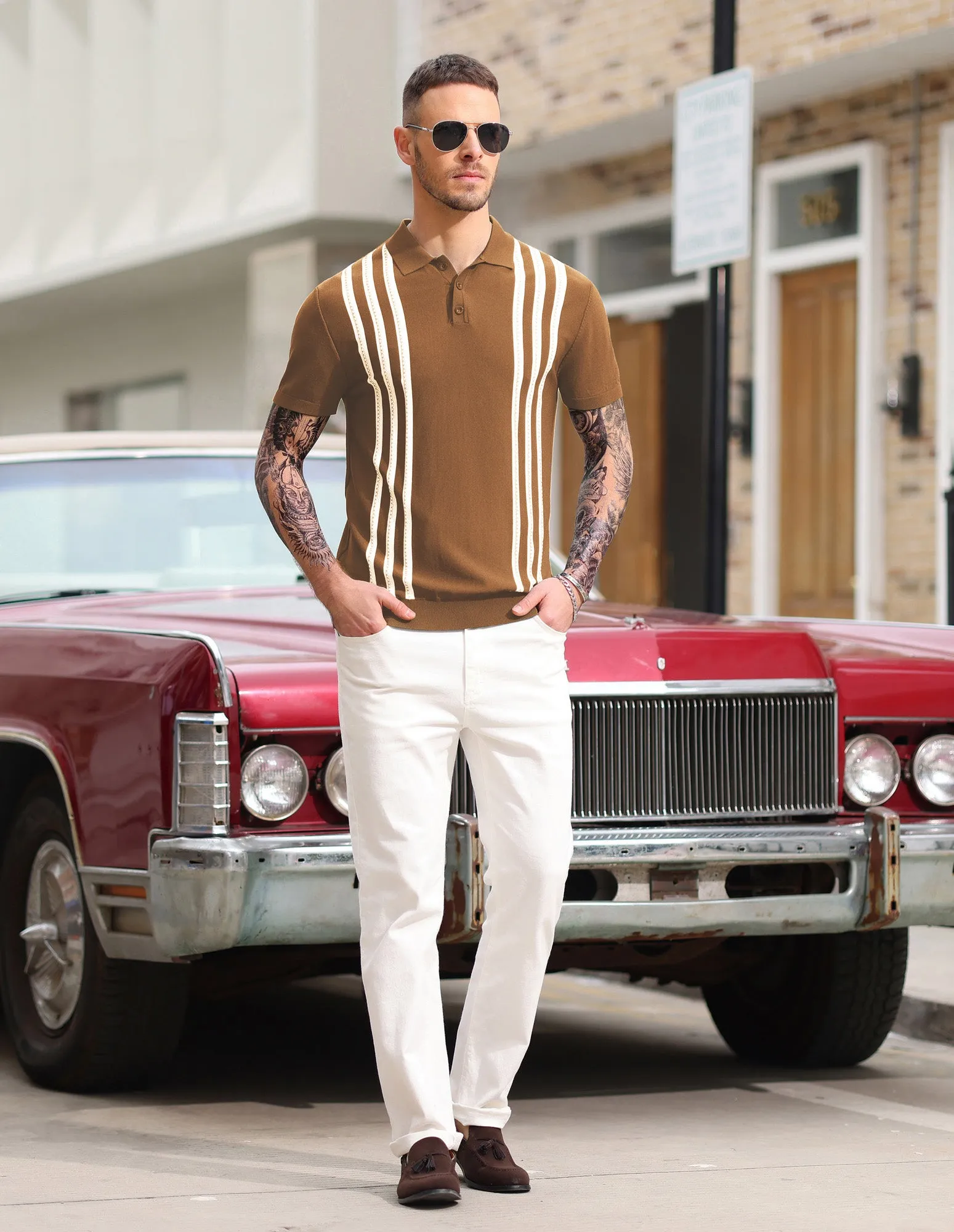 Men's Vintage Stripe Knitted Polo Pullover Shirts Short Sleeve Golf Knit Mens Polo Shirt