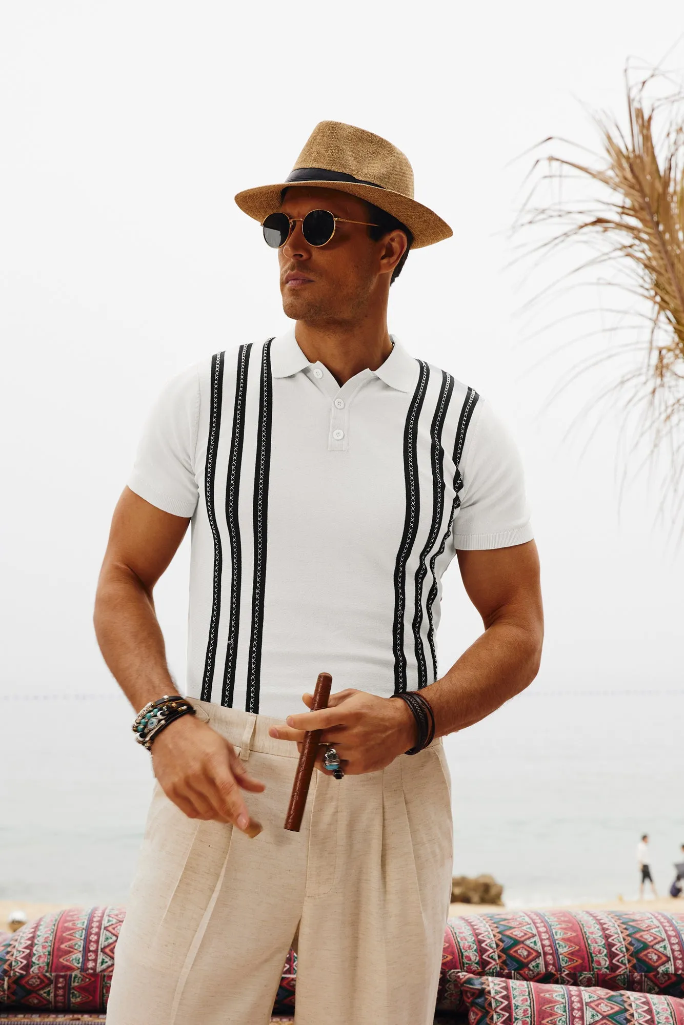 Men's Vintage Stripe Knitted Polo Pullover Shirts Short Sleeve Golf Knit Mens Polo Shirt