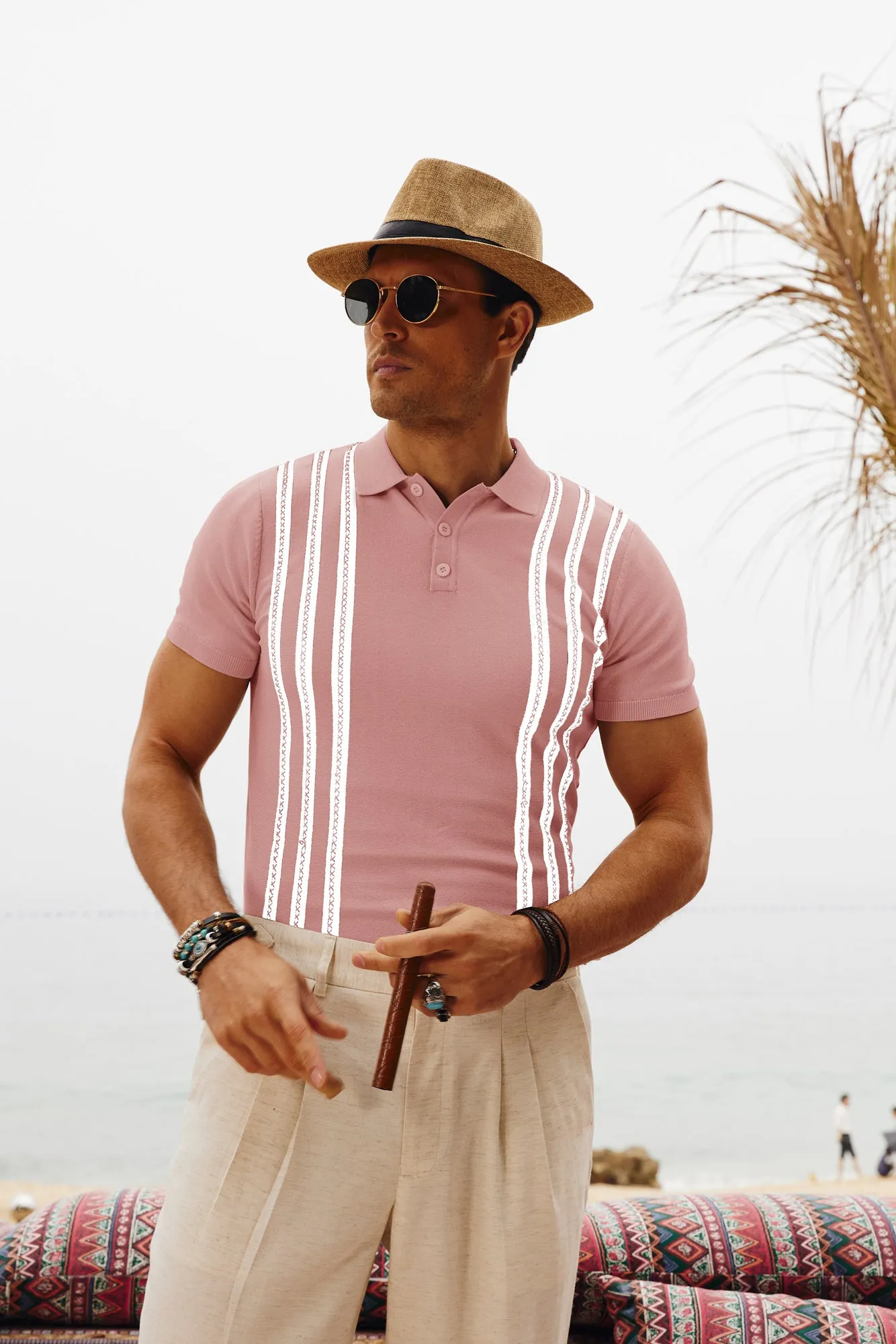 Men's Vintage Stripe Knitted Polo Pullover Shirts Short Sleeve Golf Knit Mens Polo Shirt