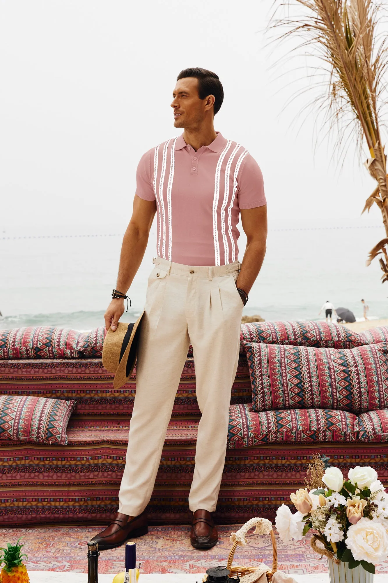 Men's Vintage Stripe Knitted Polo Pullover Shirts Short Sleeve Golf Knit Mens Polo Shirt