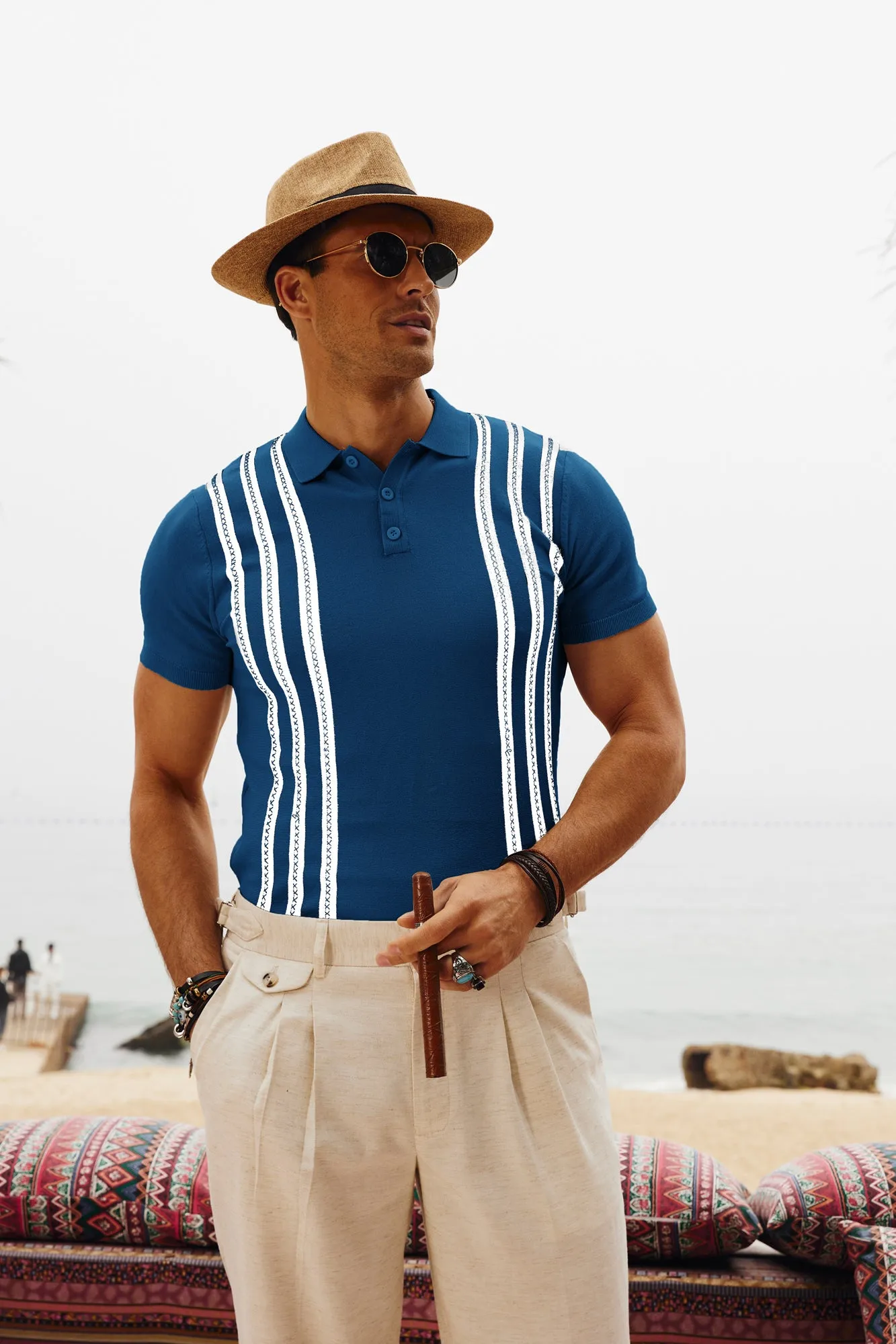 Men's Vintage Stripe Knitted Polo Pullover Shirts Short Sleeve Golf Knit Mens Polo Shirt