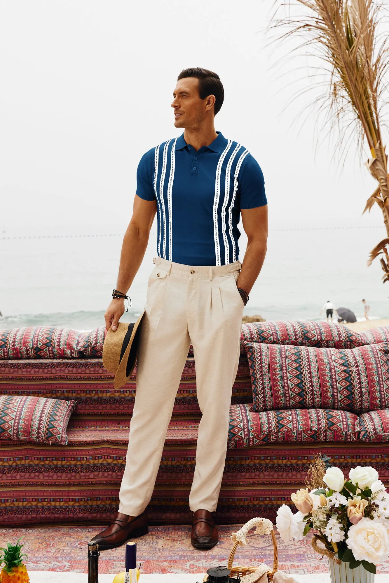 Men's Vintage Stripe Knitted Polo Pullover Shirts Short Sleeve Golf Knit Mens Polo Shirt