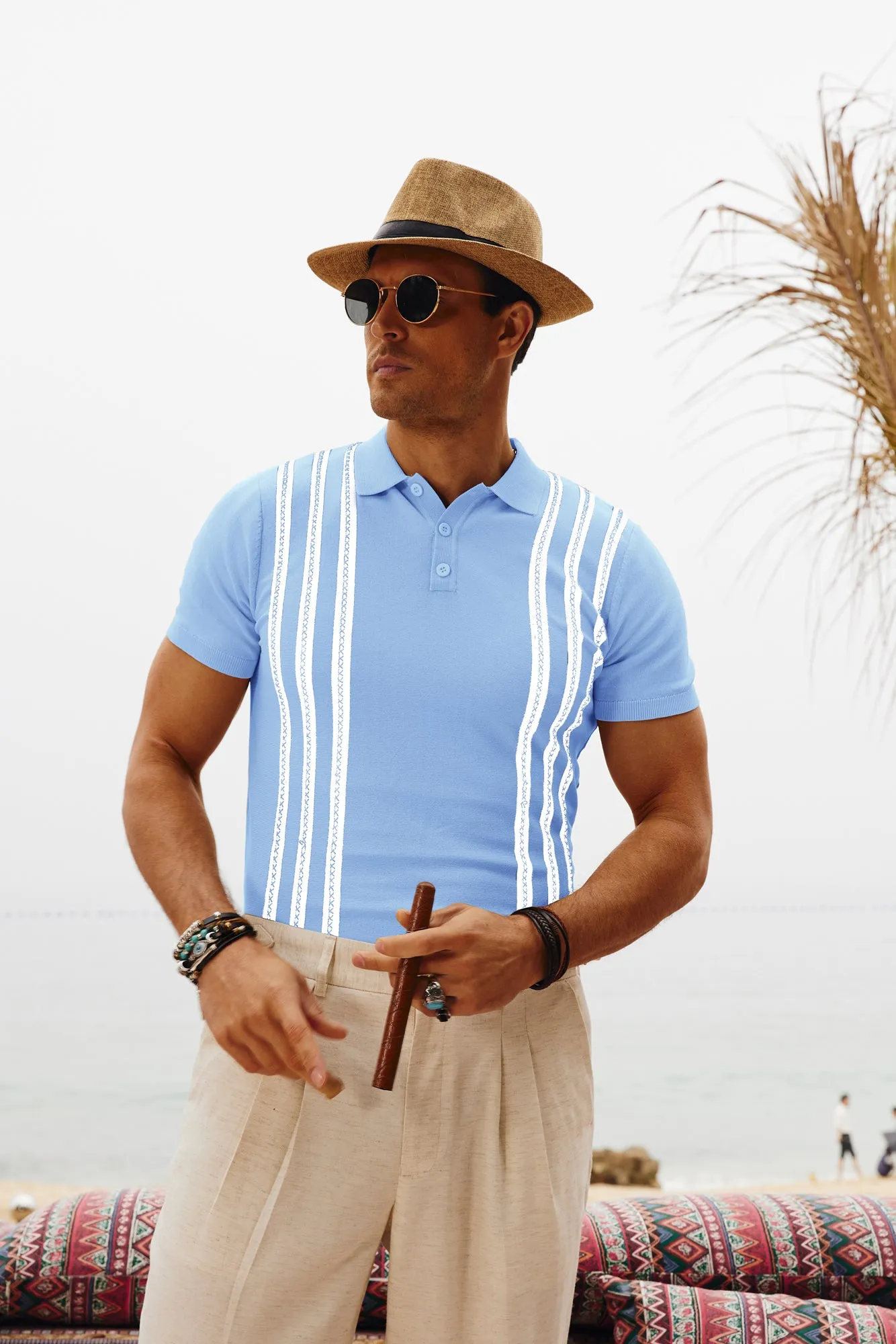Men's Vintage Stripe Knitted Polo Pullover Shirts Short Sleeve Golf Knit Mens Polo Shirt
