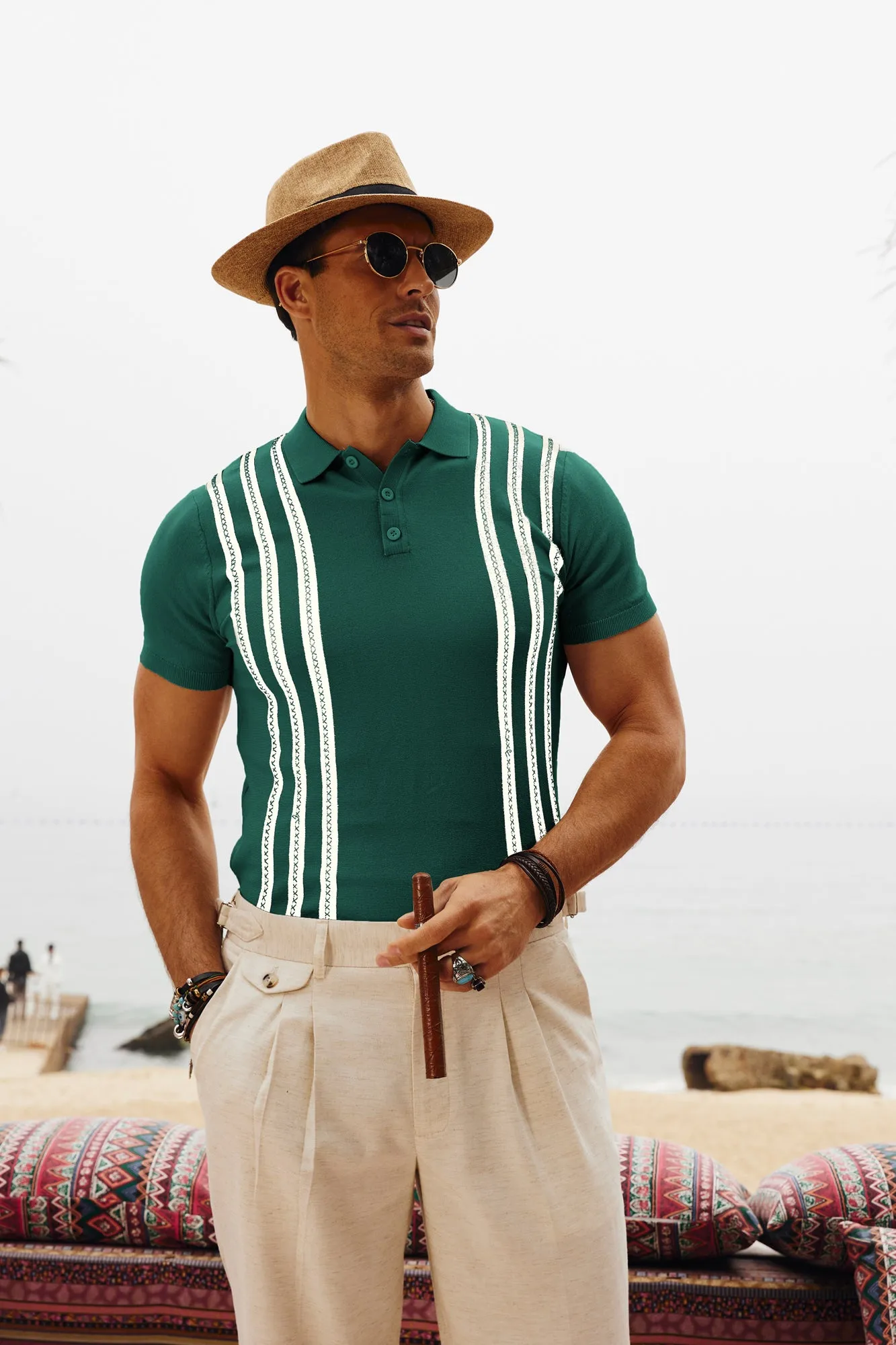 Men's Vintage Stripe Knitted Polo Pullover Shirts Short Sleeve Golf Knit Mens Polo Shirt