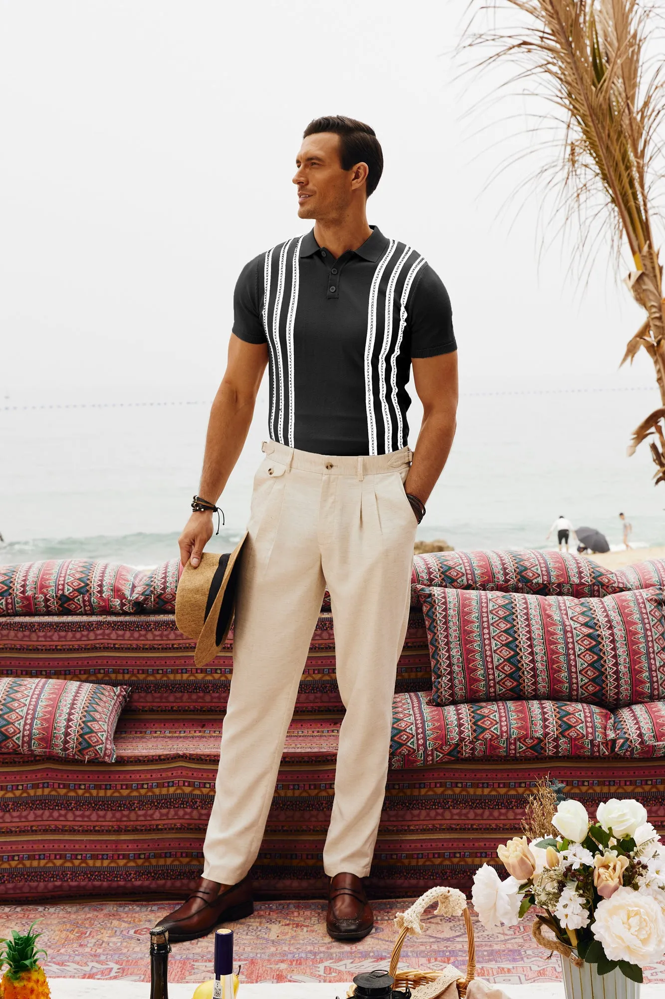 Men's Vintage Stripe Knitted Polo Pullover Shirts Short Sleeve Golf Knit Mens Polo Shirt