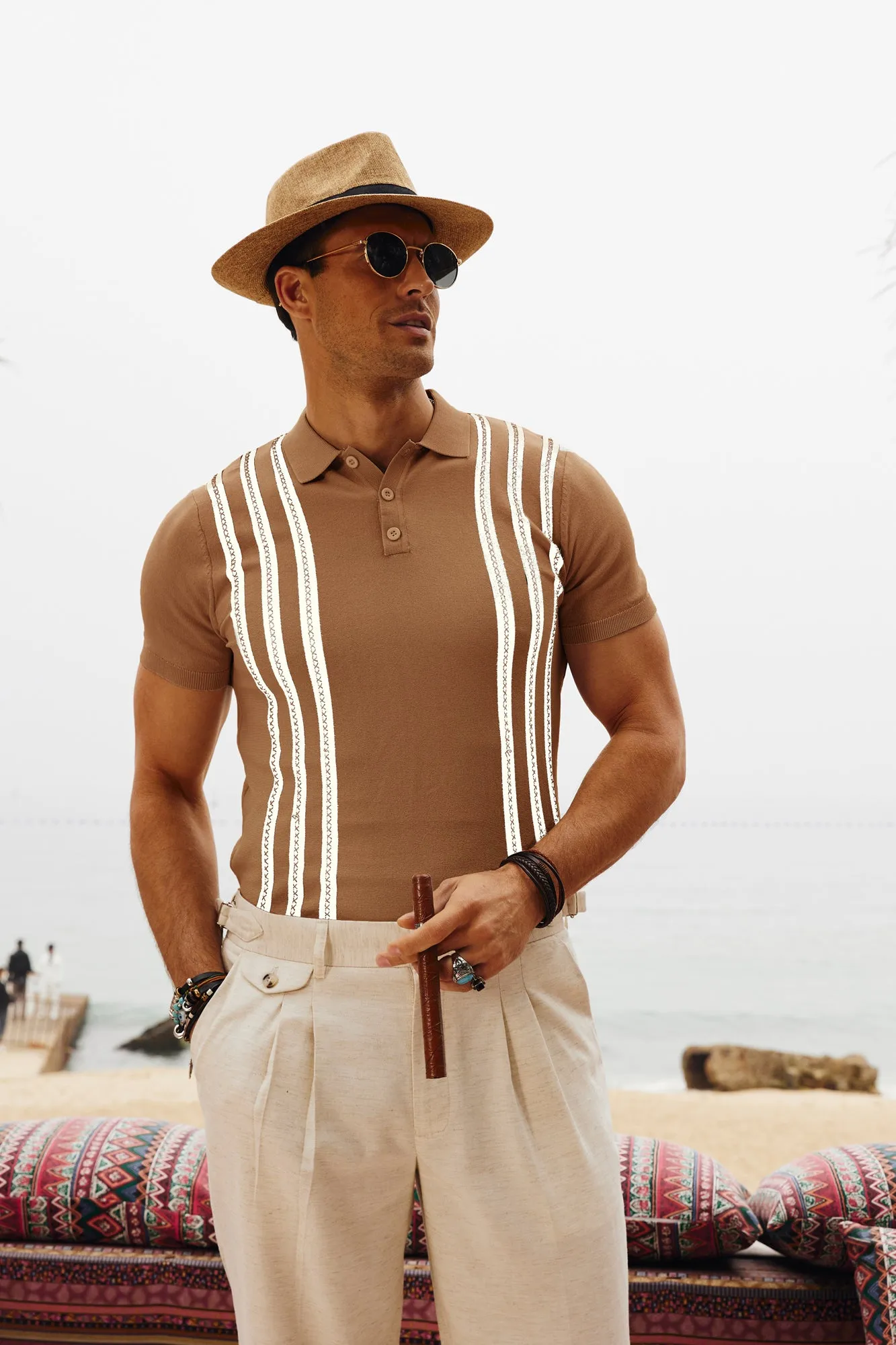 Men's Vintage Stripe Knitted Polo Pullover Shirts Short Sleeve Golf Knit Mens Polo Shirt