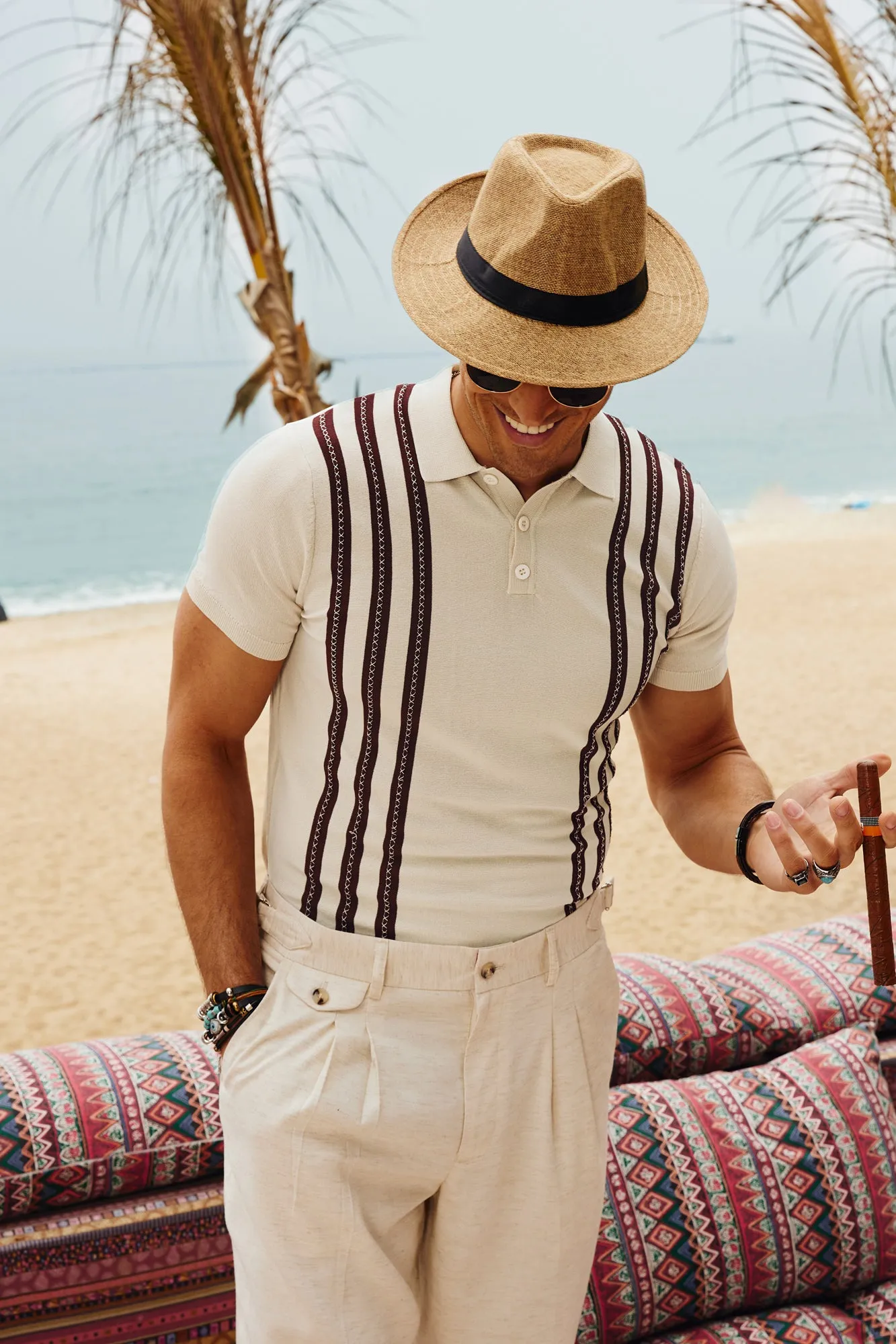 Men's Vintage Stripe Knitted Polo Pullover Shirts Short Sleeve Golf Knit Mens Polo Shirt