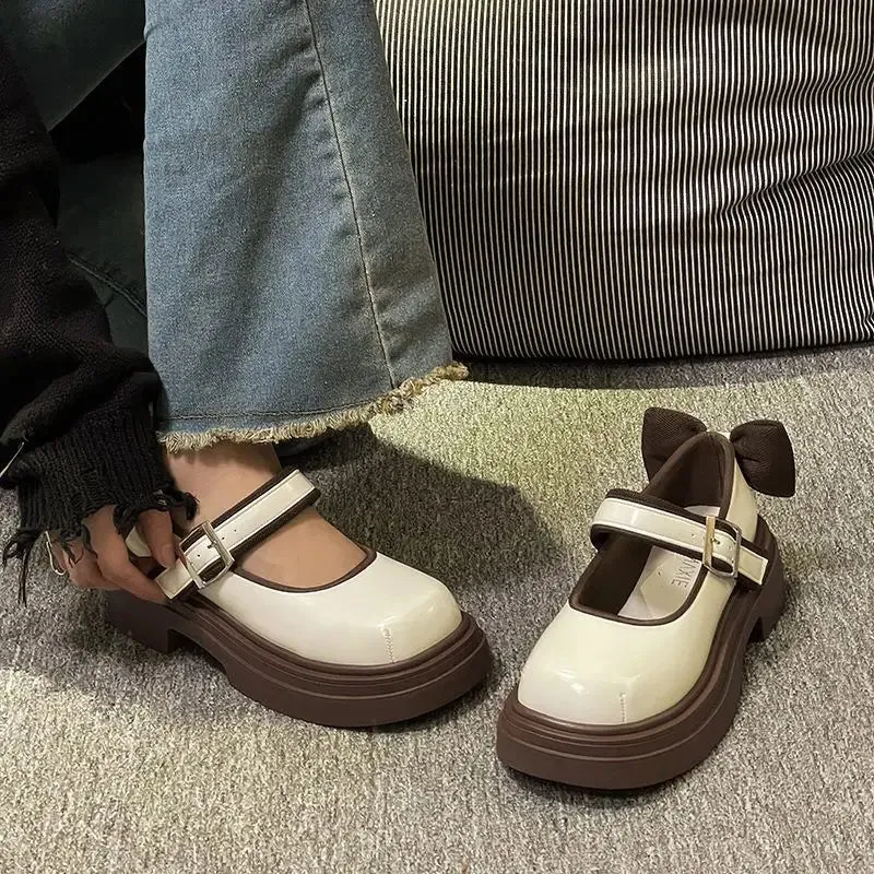 Sohiwoo Female Footwear Gothic Loafers Women's Shoes Mary Jane Japanese Style Lolita Off White with Bow High on Platform Free Shipping A